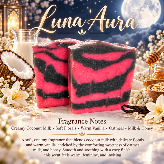 Two pink and charcoal-swirled Luna Aura soap bars beneath a glowing full moon, surrounded by coconut, delicate white florals, vanilla, oatmeal, milk, and honey fragrance accents.