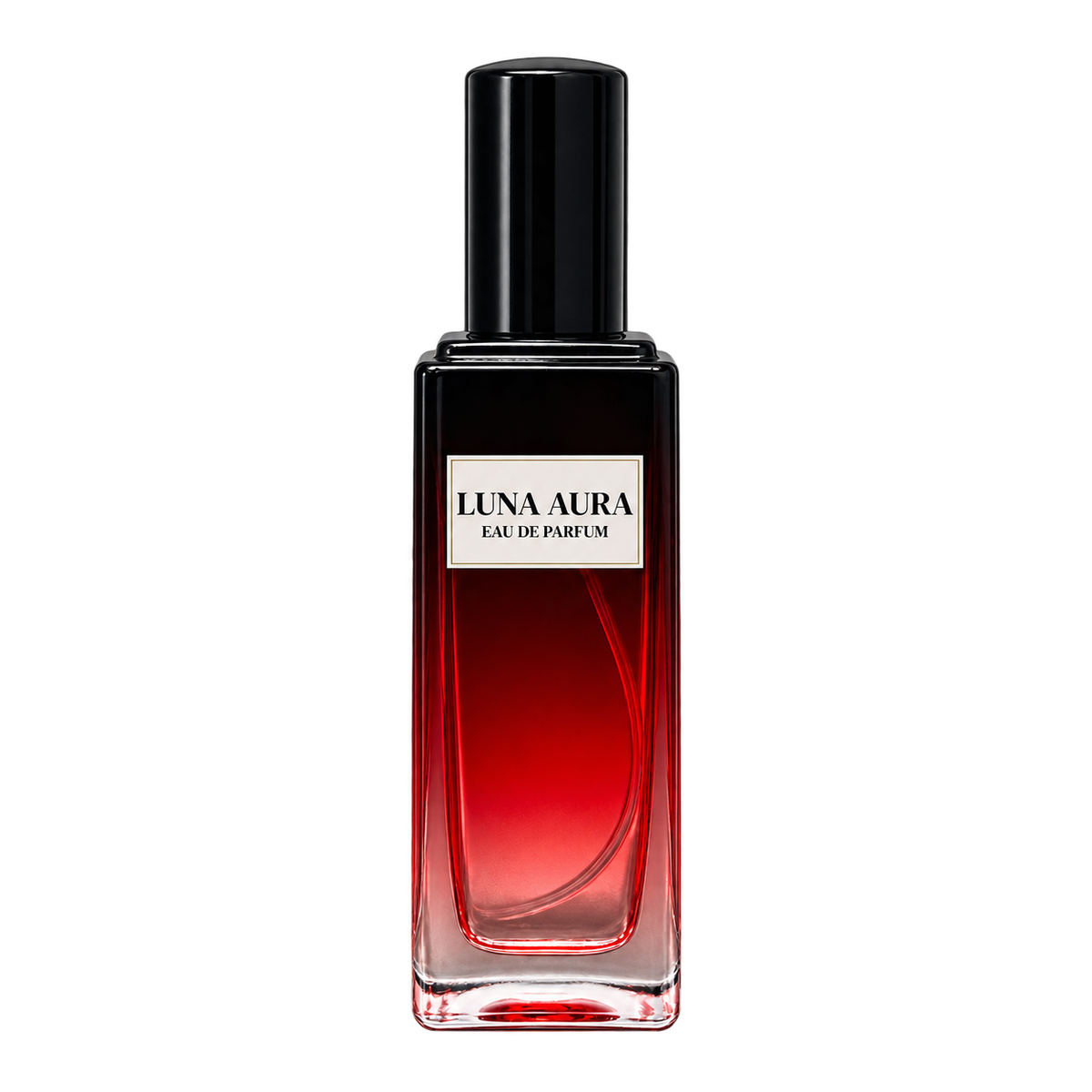 Phat Bath & Body Luna Aura Eau de Parfum in a tall clear glass bottle with black cap, warm tan label, and red-toned fragrance, shown as the main product image.
