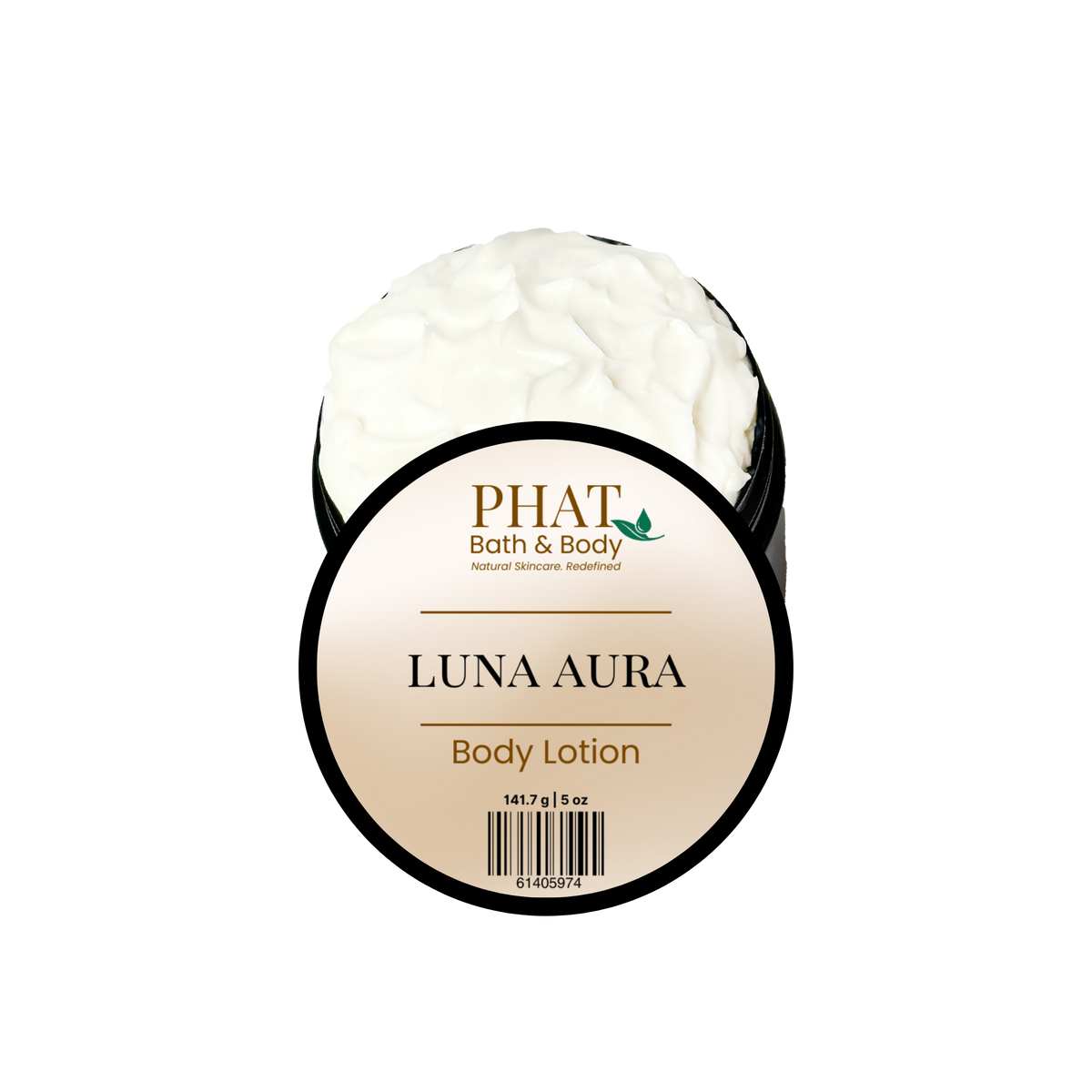 Body lotion container labeled 'Luna Aura' by Phat Bath & Body on a white background