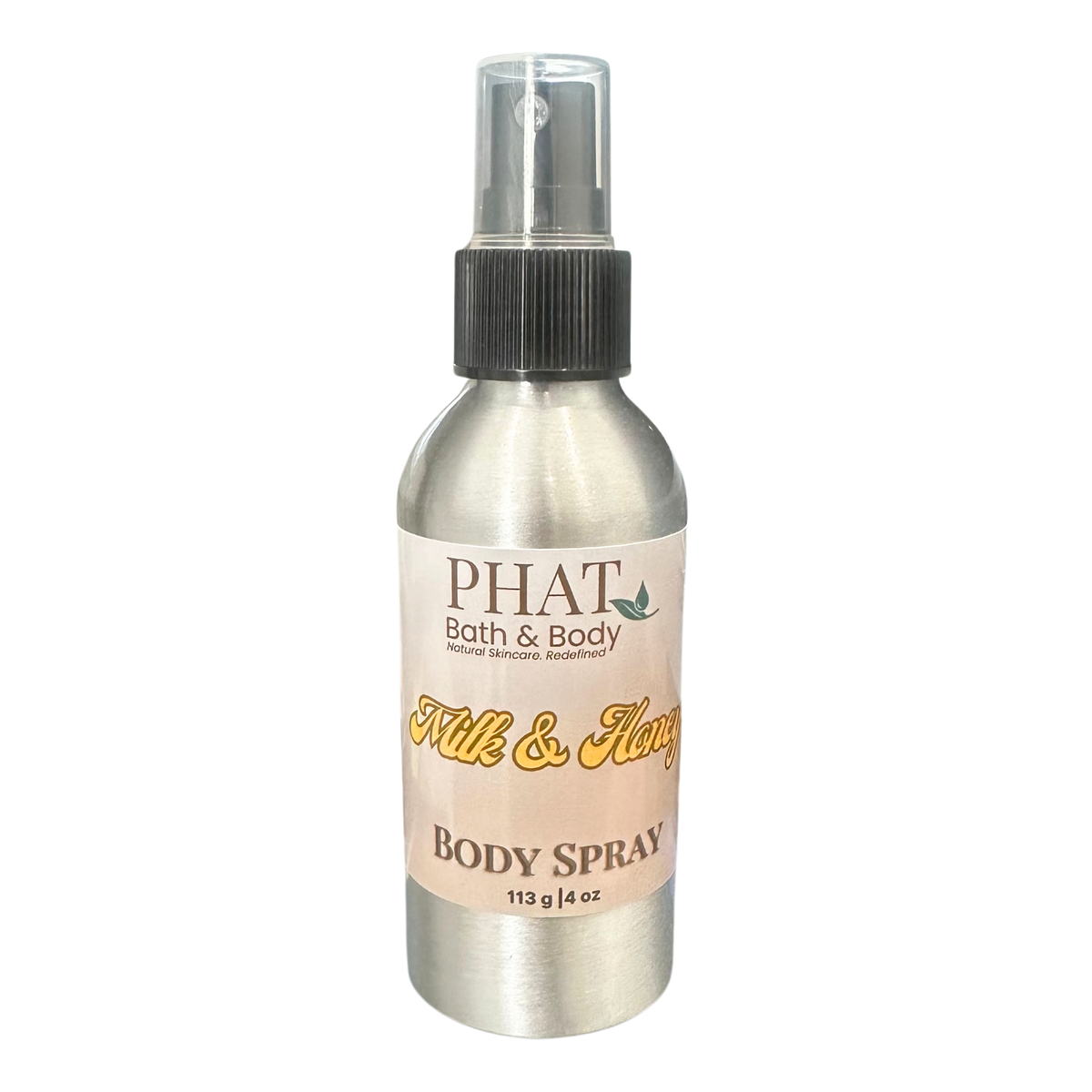 Body spray bottle labeled 'PHAT Bath & Body Milk & Honey' on a white background