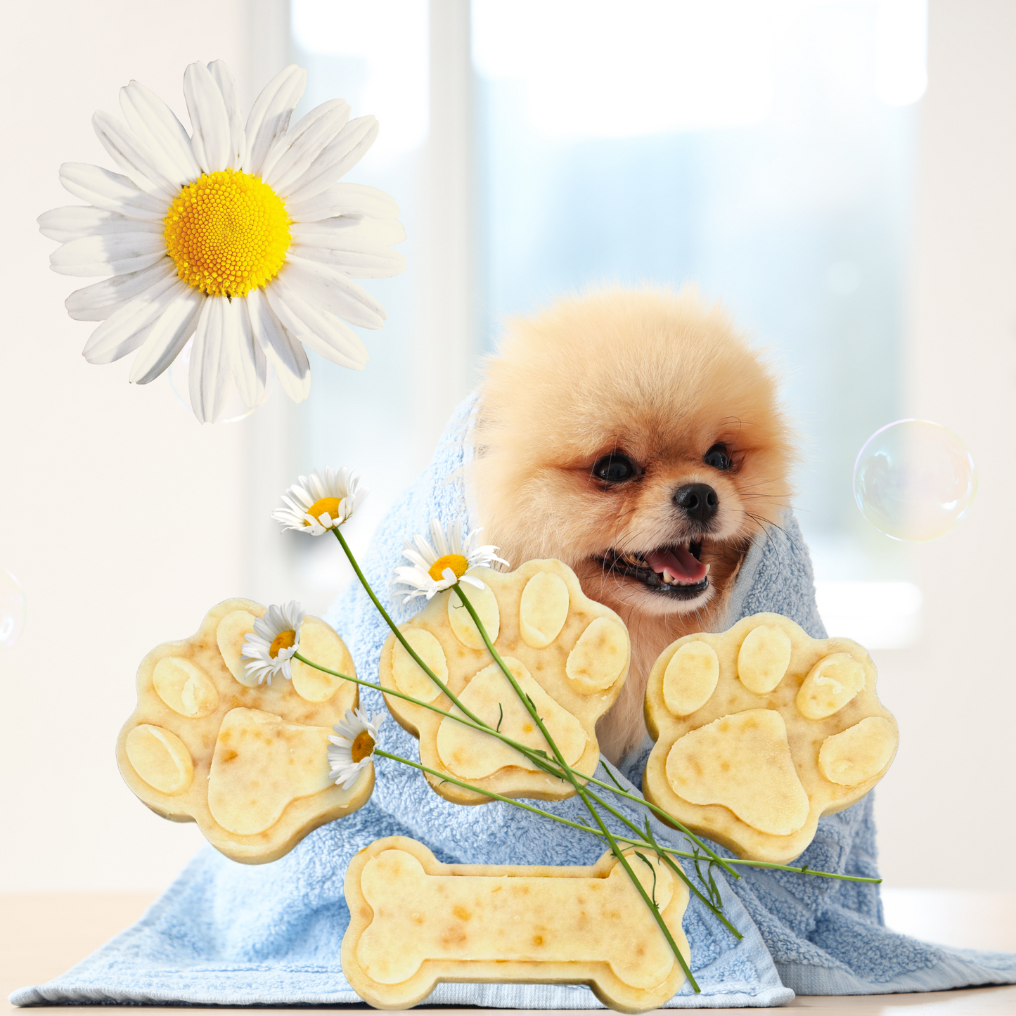 Stack of soap bars with a dog