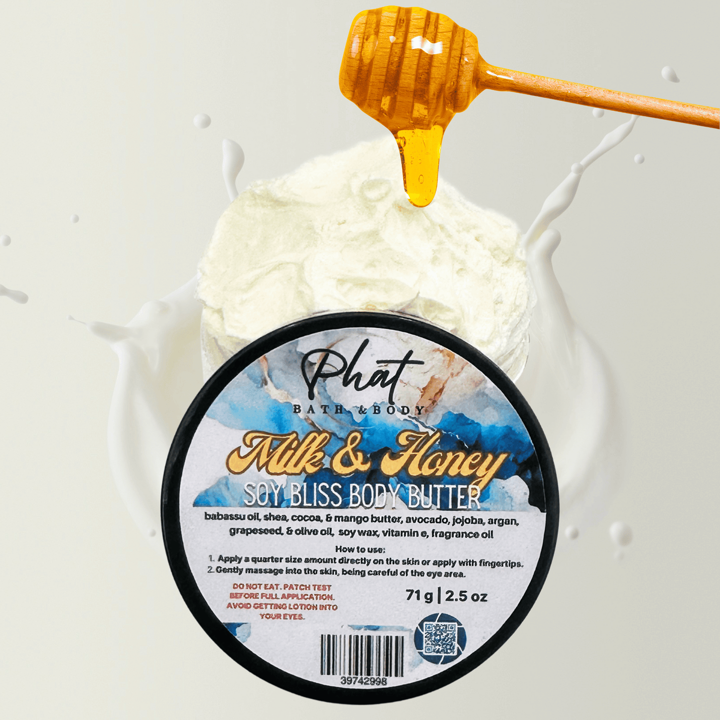 Body butter container with a honey dipper on a white background