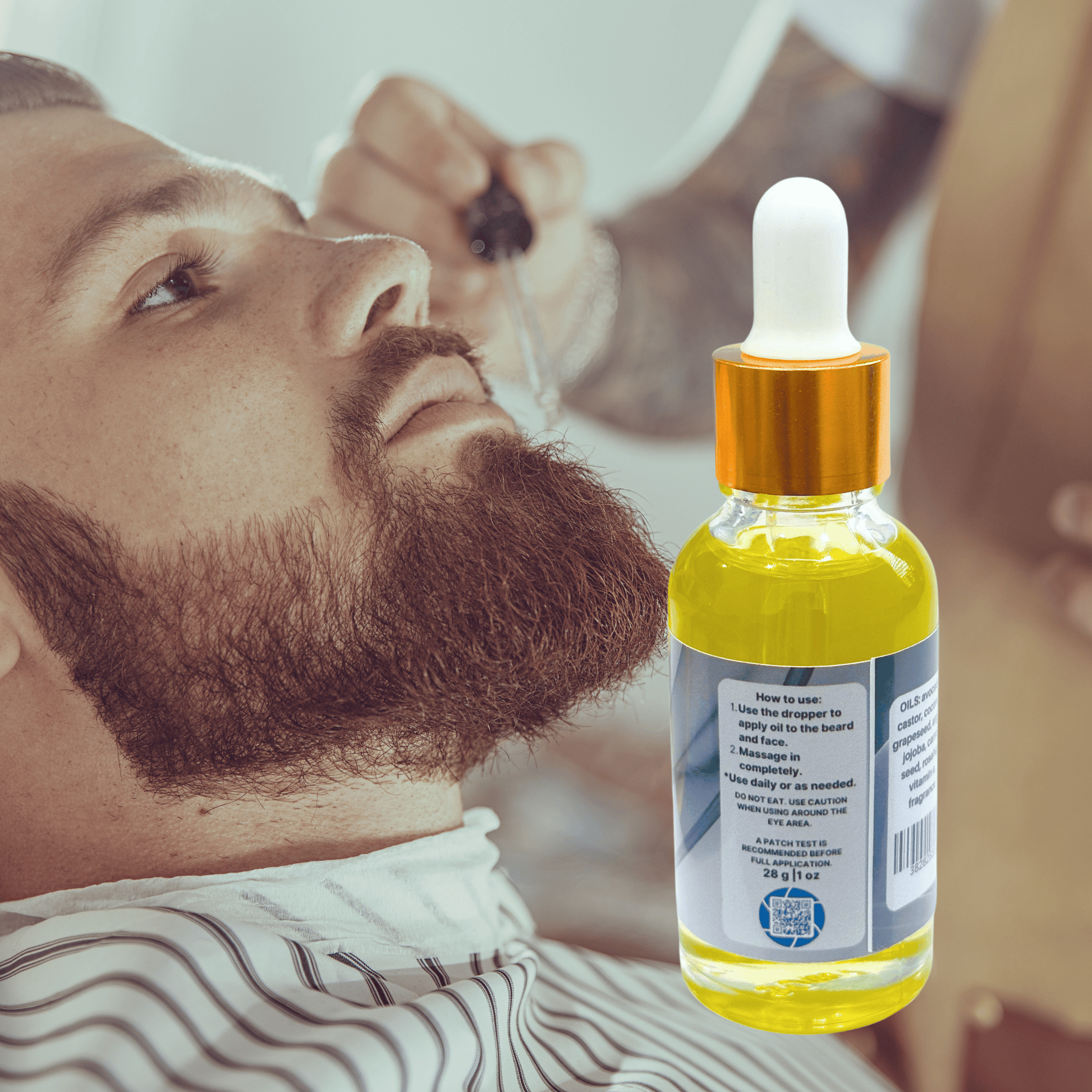 Bottle of Agua Fria beard oil with a man getting a haircut in the background