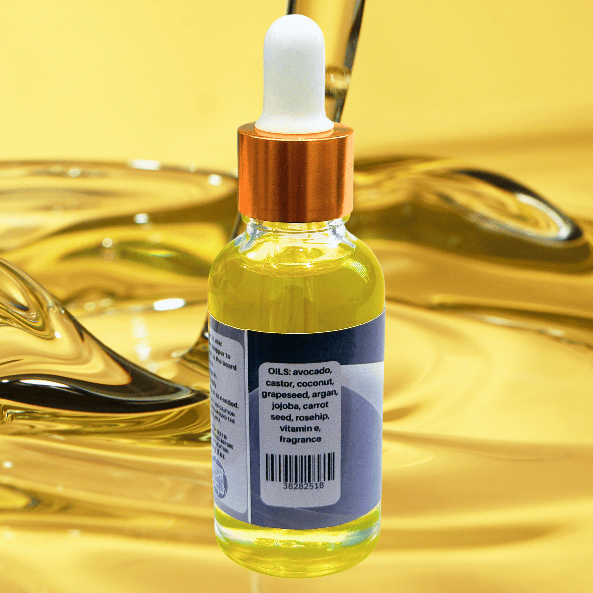 Bottle of yellow beard oil with dropper on a yellow background