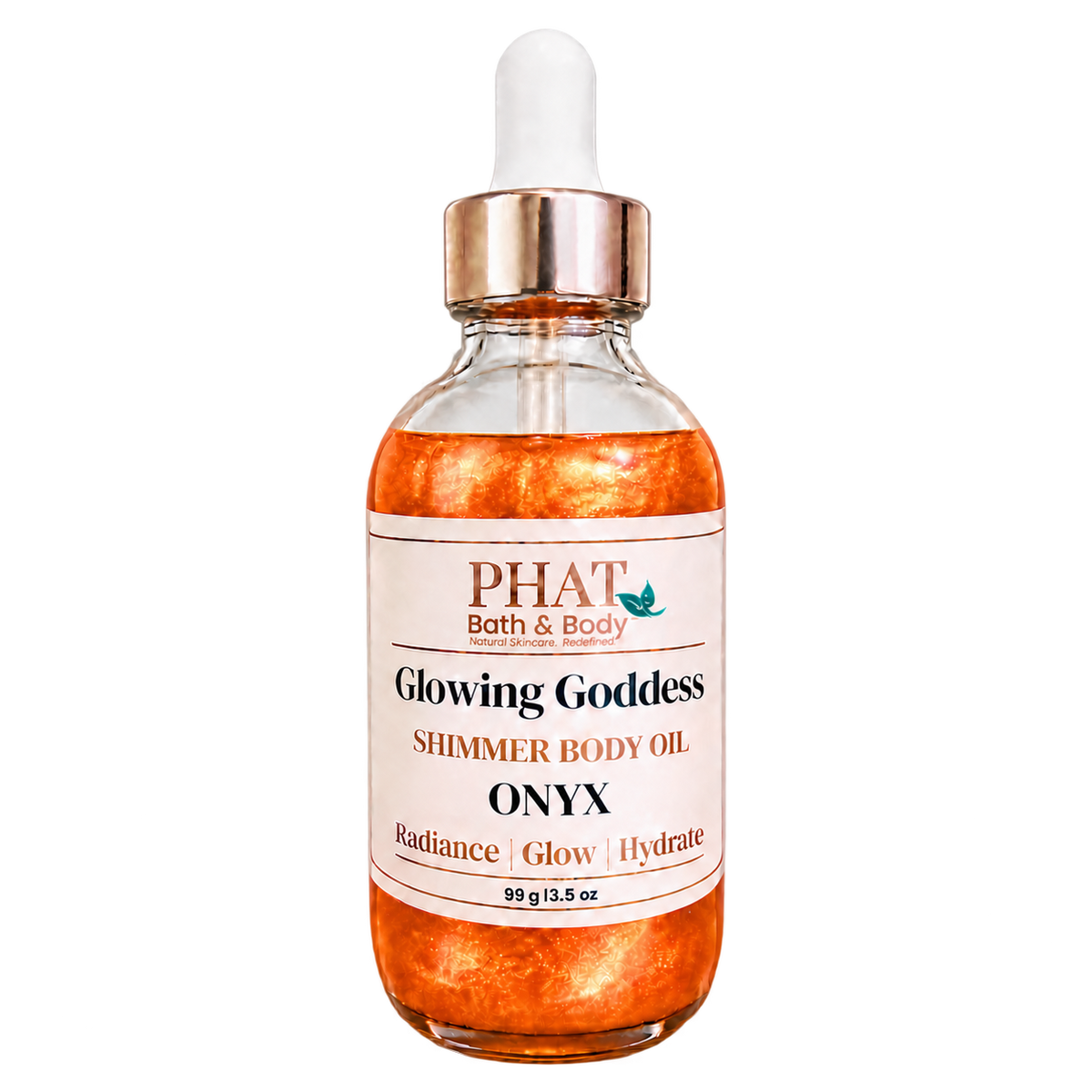 Phat Bath & Body Glowing Goddess Shimmer Body Oil in Onyx, 3.5 oz glass dropper bottle with radiant orange-gold shimmer.