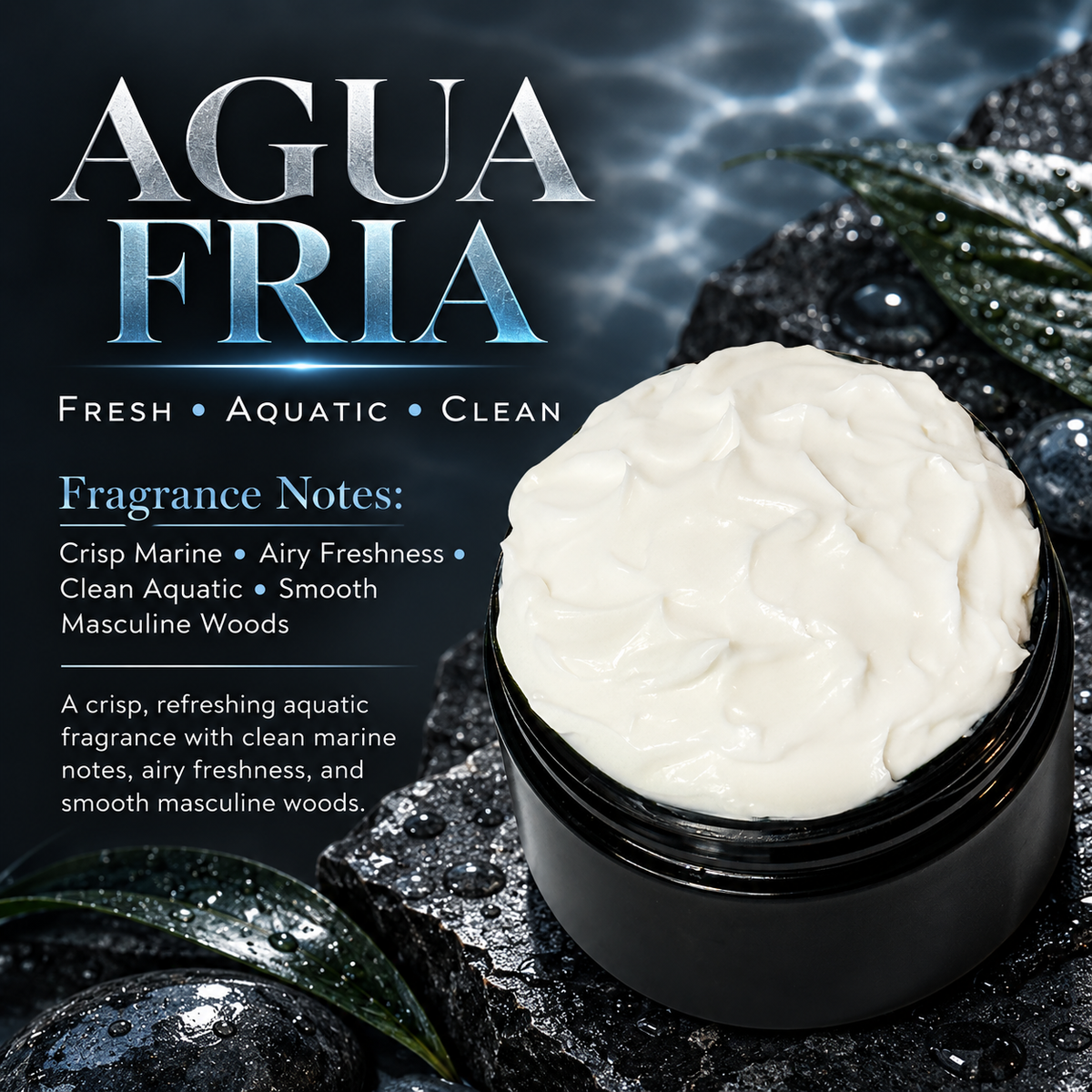 Agua Fria men’s body lotion scent profile image by Phat Bath & Body featuring an open lotion jar with a fresh aquatic design and fragrance notes of crisp marine, airy freshness, clean aquatic and smooth masculine woods.