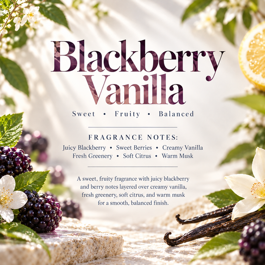 Blackberry Vanilla scent profile featuring juicy blackberry, sweet berries, creamy vanilla, fresh greenery, soft citrus and warm musk.