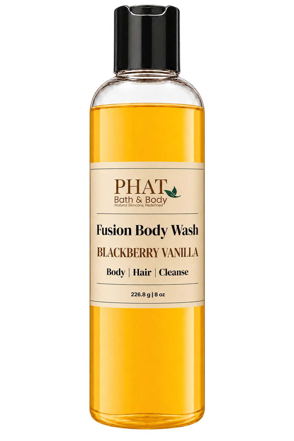 Phat Bath & Body Blackberry Vanilla Fusion Body Wash in a clear 8.5 oz bottle with golden body wash and cream label.