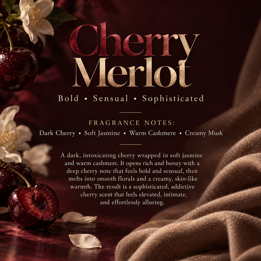 Cherry Merlot Signature Scent profile featuring dark cherry, soft jasmine, warm cashmere and creamy musk for a rich, sensual fragrance.