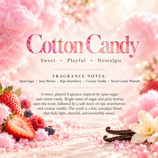 Cotton Candy scent profile featuring spun sugar, juicy berries, ripe strawberry, creamy vanilla and sweet candy warmth.