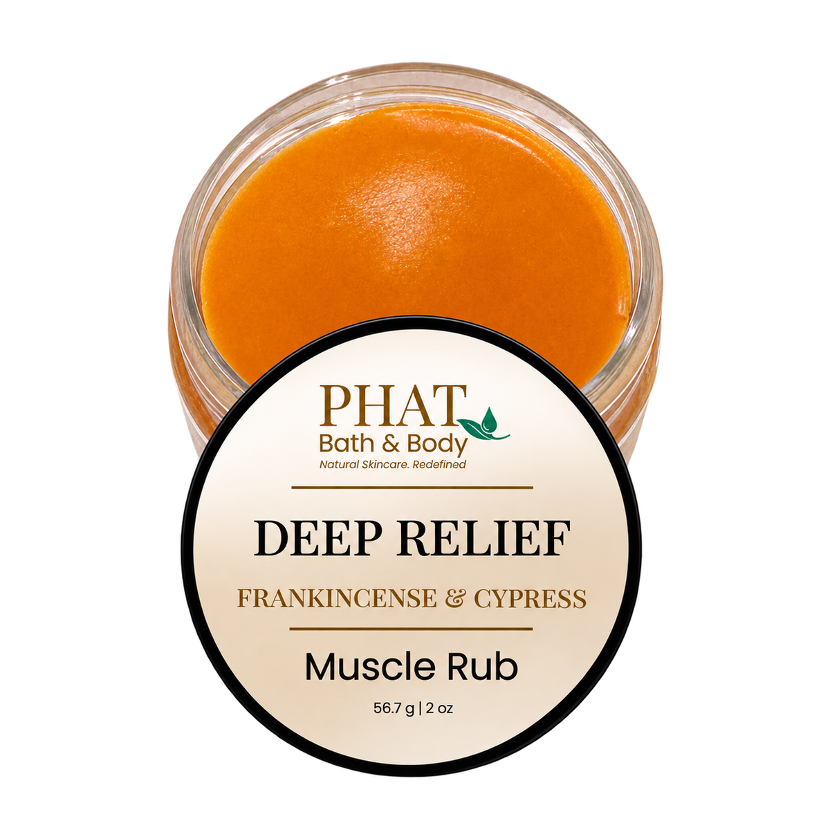 Phat Bath & Body Deep Relief Muscle Rub in Frankincense & Cypress, featuring an open 2 oz jar of smooth orange botanical massage balm with its cream-colored branded lid. Formulated for massaging tired areas.