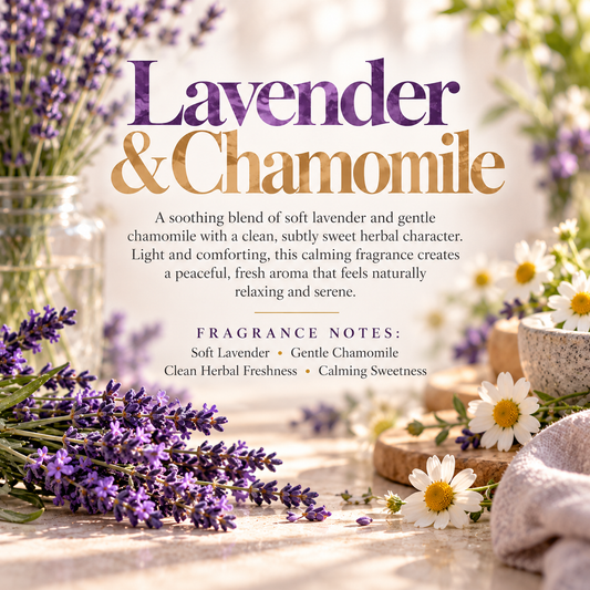 Lavender & Chamomile scent profile featuring soft lavender, gentle chamomile, clean herbal freshness and calming sweetness.