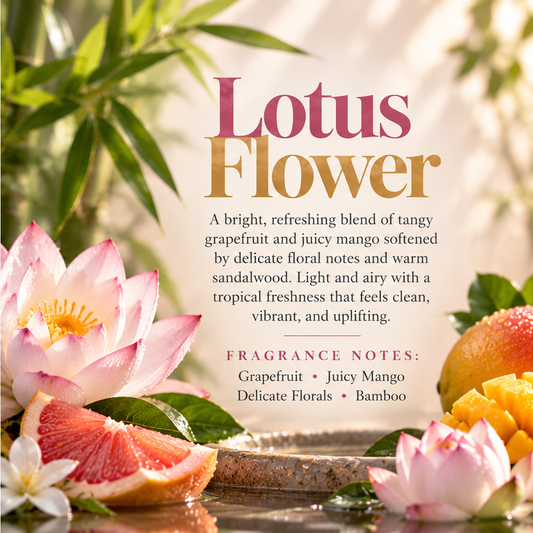 Lotus Flower scent profile featuring grapefruit, juicy mango, delicate florals and bamboo for a bright, airy tropical fragrance.