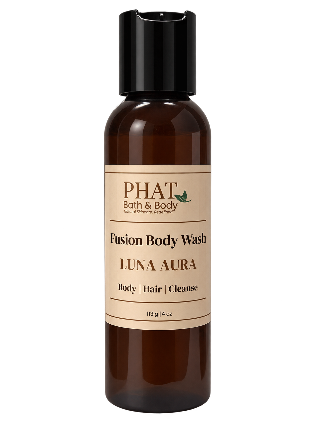 Phat Bath & Body Luna Aura Fusion Body Wash in a 4 oz amber bottle with cream label.