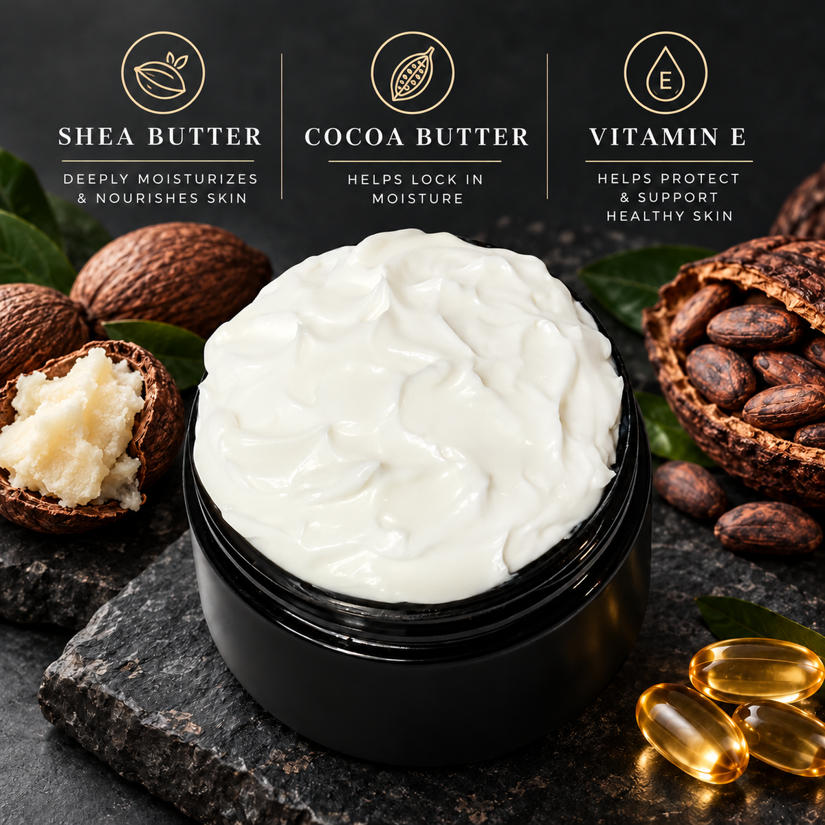Phat Bath & Body men’s lotion in an open black jar with rich white moisturizer, featuring shea butter, cocoa butter and vitamin E to moisturize, nourish and support healthy-looking skin.