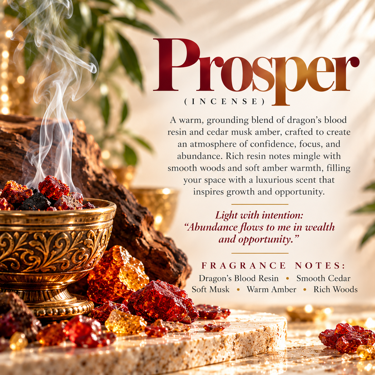 Prosper incense scent profile featuring Dragon’s Blood resin, smooth cedar, soft musk, warm amber and rich woods with an abundance intention.