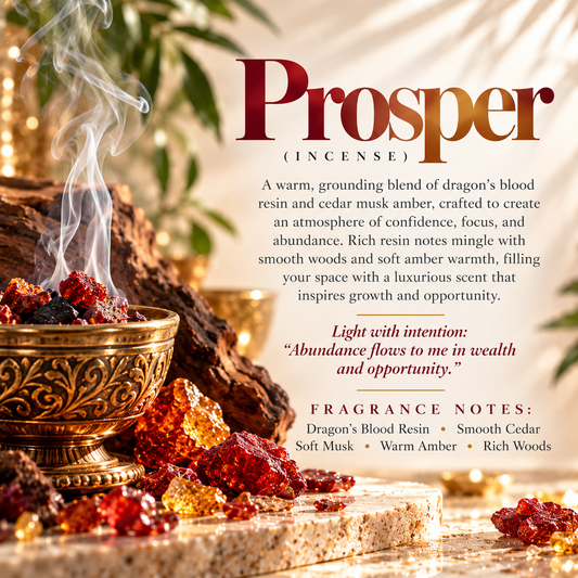 Prosper incense scent profile featuring Dragon’s Blood resin, smooth cedar, soft musk, warm amber and rich woods with an abundance intention.