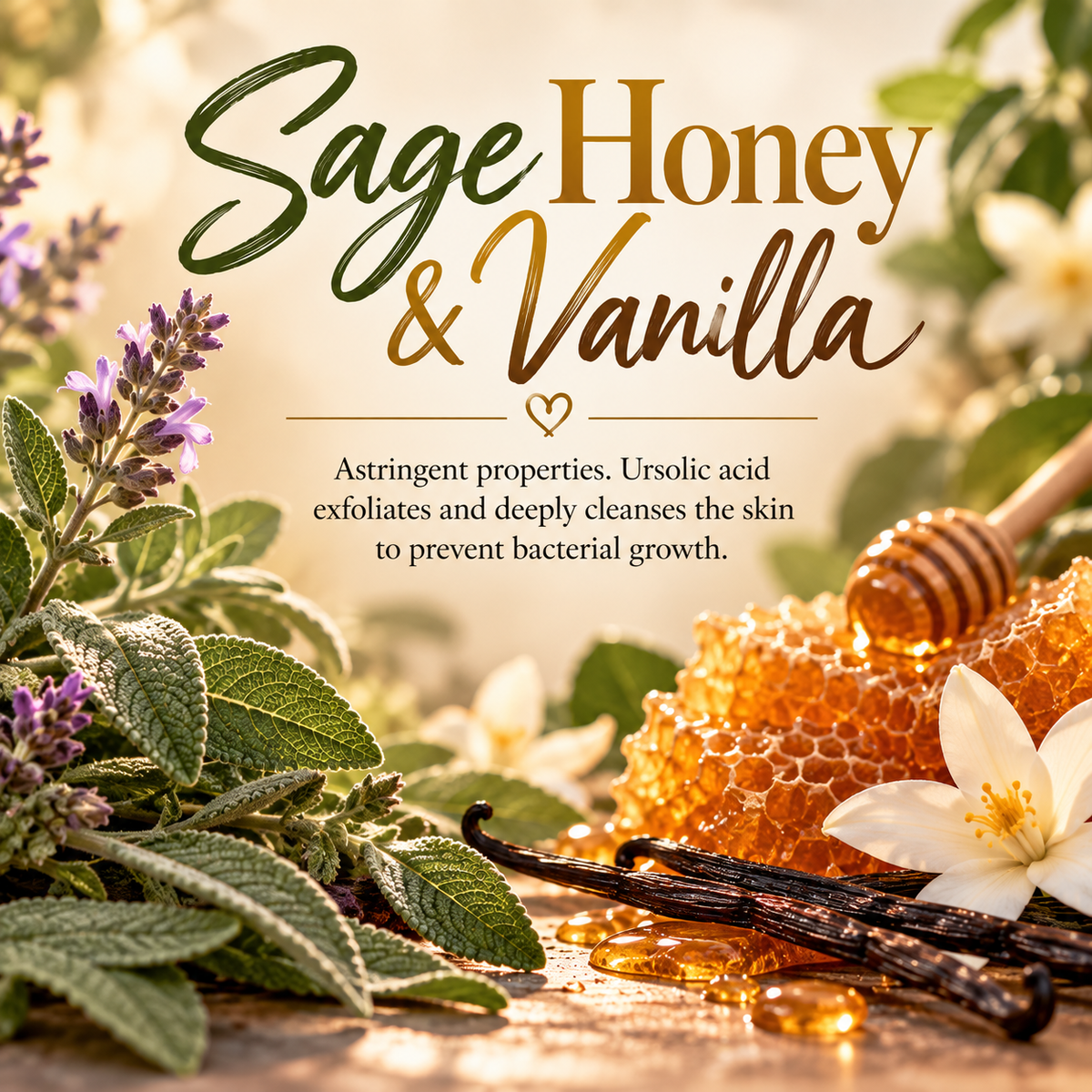 Sage Honey & Vanilla ingredient card featuring sage, golden honey and vanilla with skincare information about cleansing and exfoliating properties.