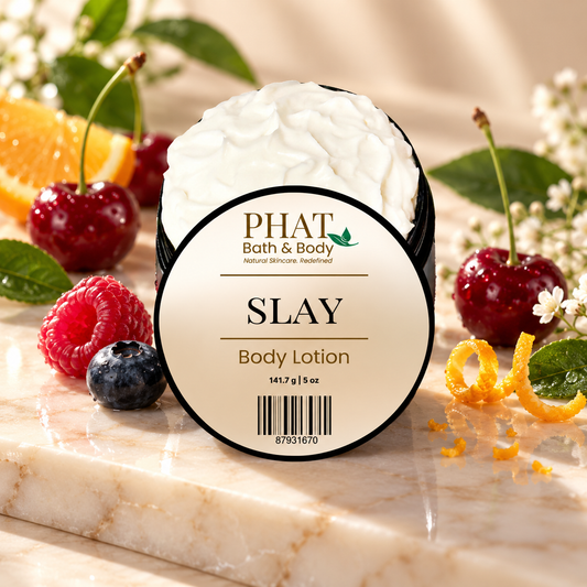 Phat Bath & Body Slay Body Lotion in black jar styled with juicy cherries, berries and bright citrus accents.