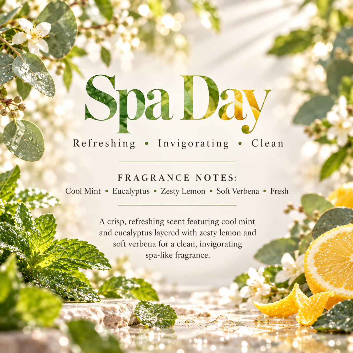 Spa Day scent profile featuring cool mint, eucalyptus, zesty lemon, soft verbena and fresh notes for a clean spa-like fragrance.