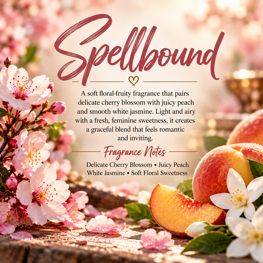 Spellbound scent profile featuring delicate cherry blossom, juicy peach, white jasmine and soft floral sweetness for a romantic, airy fragrance.