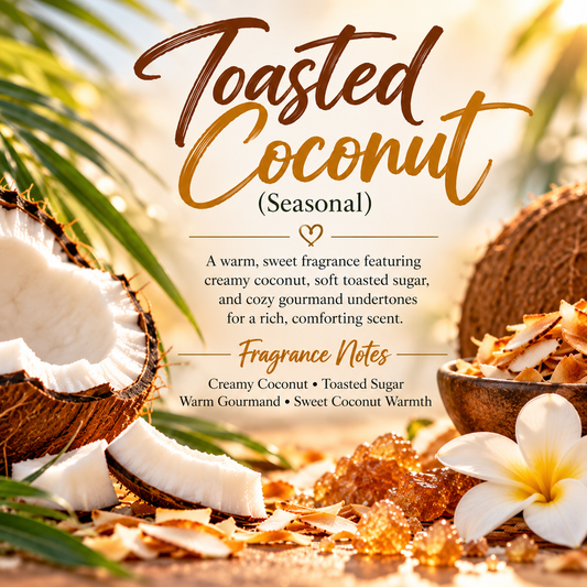 Toasted Coconut seasonal scent profile featuring creamy coconut, toasted sugar, warm gourmand notes and sweet coconut warmth.