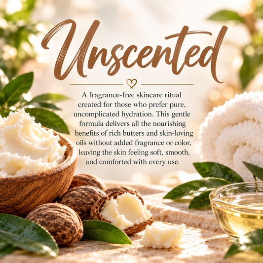 Unscented skincare profile highlighting fragrance-free hydration with rich butters and skin-loving oils and no added fragrance or color.