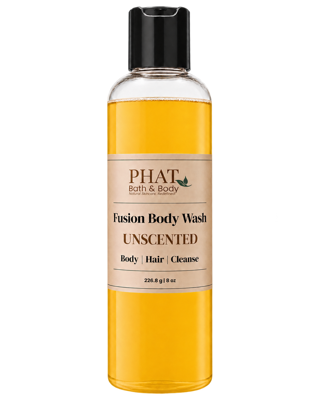 Phat Bath & Body Unscented Fusion Body Wash in a clear 8.5 oz bottle with golden body wash and cream label.