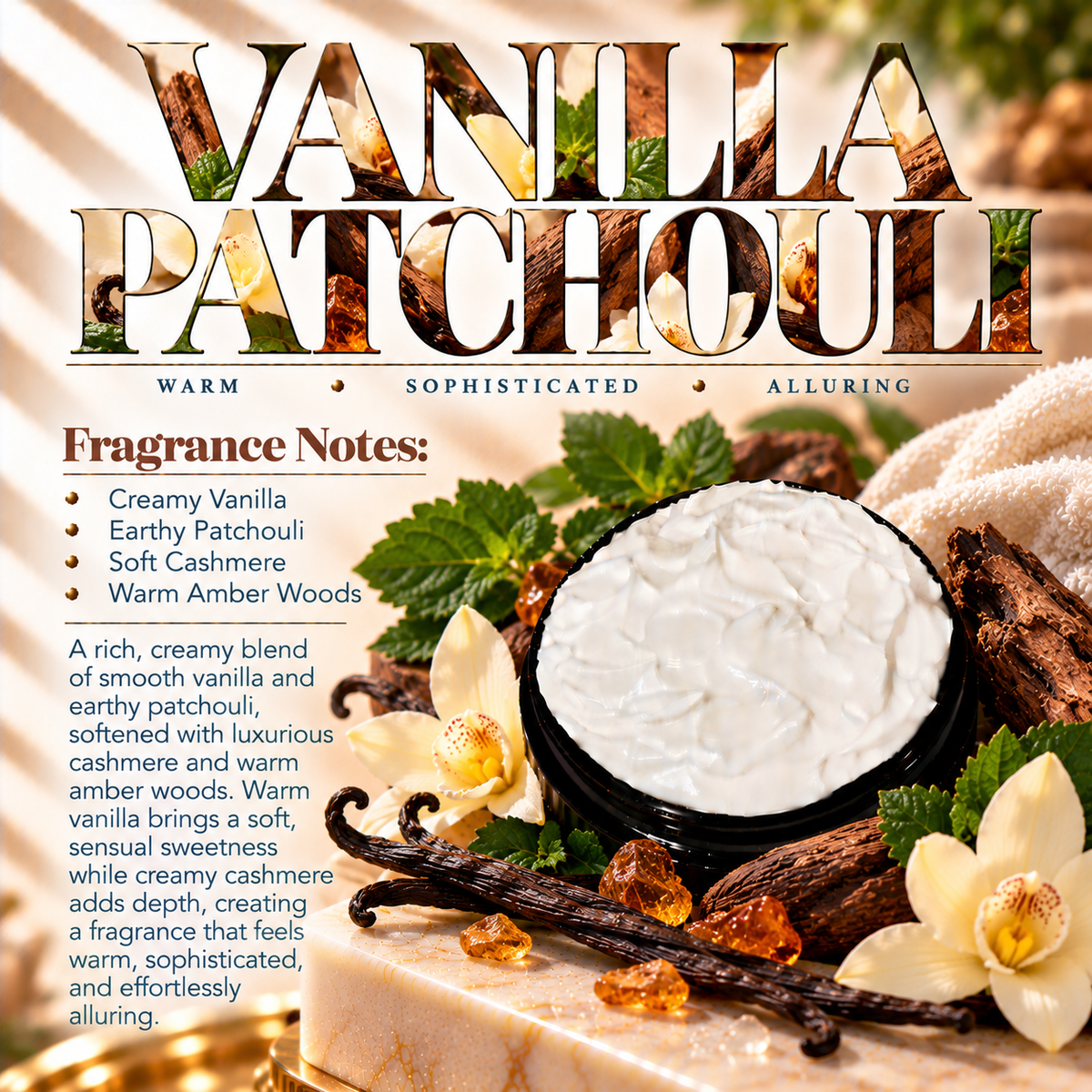 Vanilla Patchouli body lotion scent profile image by Phat Bath & Body featuring the original open black lotion jar with vanilla, patchouli, cashmere and amber wood accents, with fragrance notes of creamy vanilla, earthy patchouli, soft cashmere and warm amber woods.
