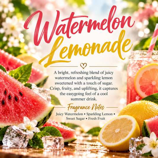 Watermelon Lemonade scent profile featuring juicy watermelon, sparkling lemon, sweet sugar and fresh fruit for a bright summer fragrance.