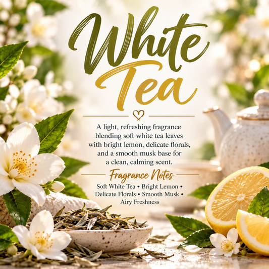 White Tea scent profile featuring soft white tea, bright lemon, delicate florals, smooth musk and airy freshness for a light, calming fragrance.
