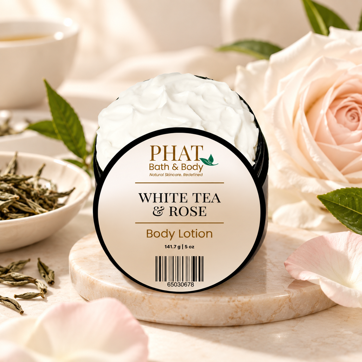 Phat Bath & Body White Tea & Rose Body Lotion styled with crisp white tea, delicate rose, cocoa butter and soft vanilla.