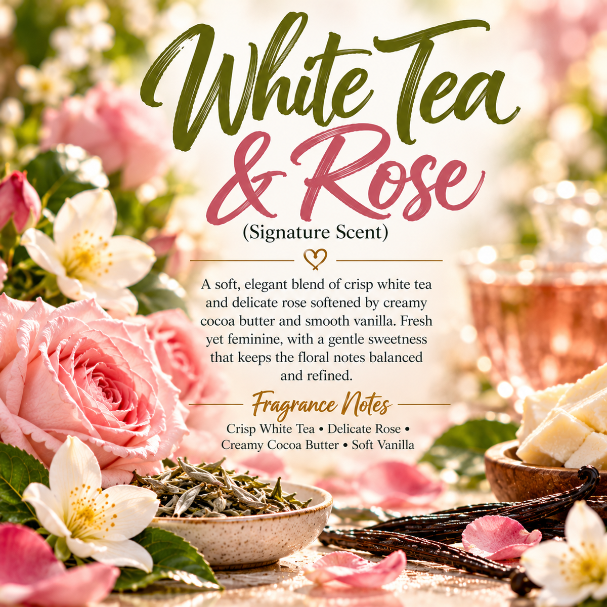 White Tea & Rose Signature Scent profile featuring crisp white tea, delicate rose, creamy cocoa butter and soft vanilla.