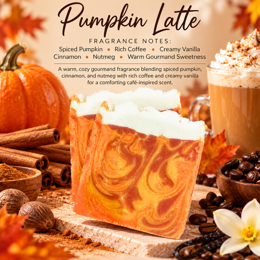 Pumpkin Latte bar soap by Phat Bath & Body displayed with pumpkin, coffee beans, cinnamon, nutmeg, and a creamy latte, highlighting its warm vanilla and spiced pumpkin fragrance.