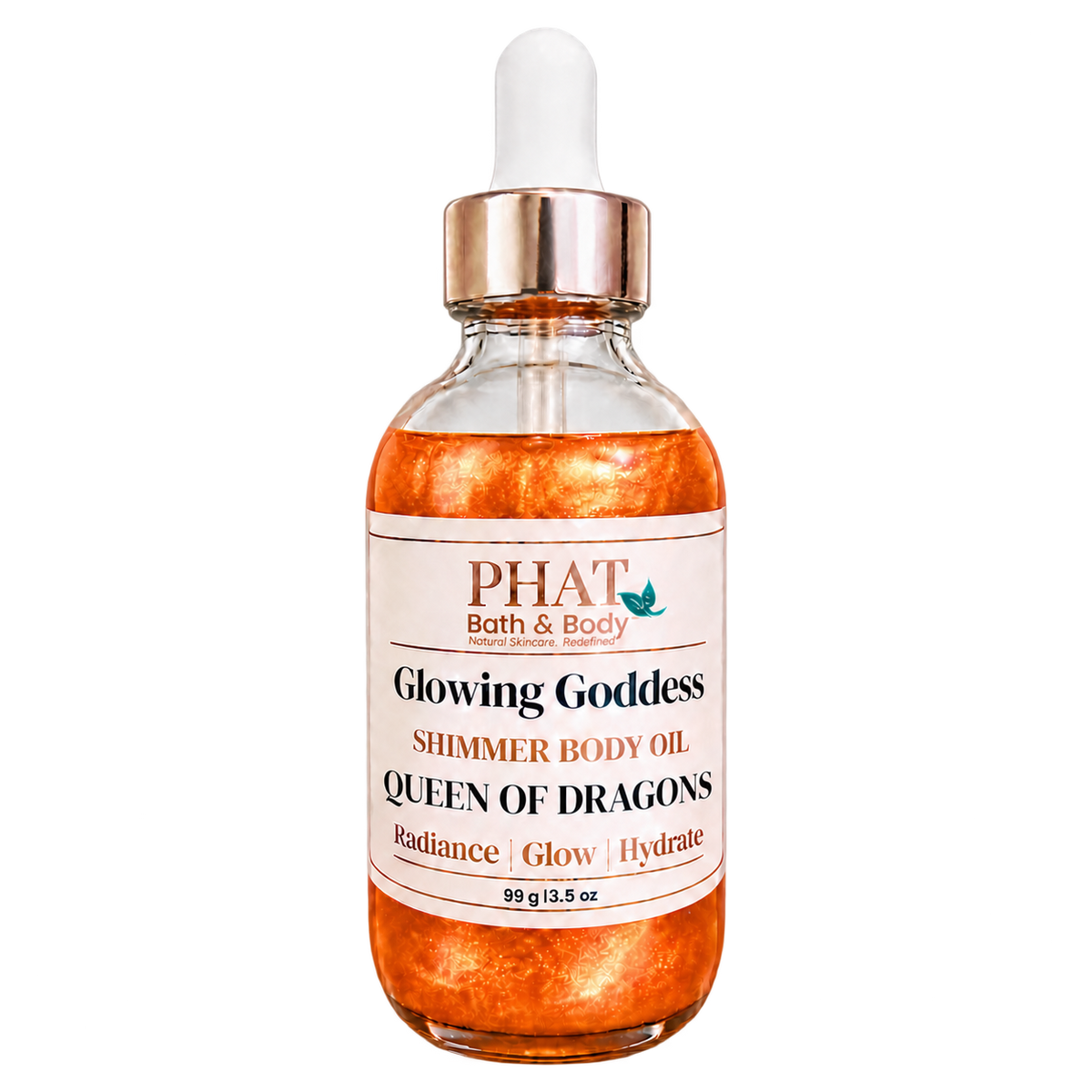 Phat Bath & Body Glowing Goddess Shimmer Body Oil in Queen of Dragons, 3.5 oz glass dropper bottle with luminous golden shimmer oil.