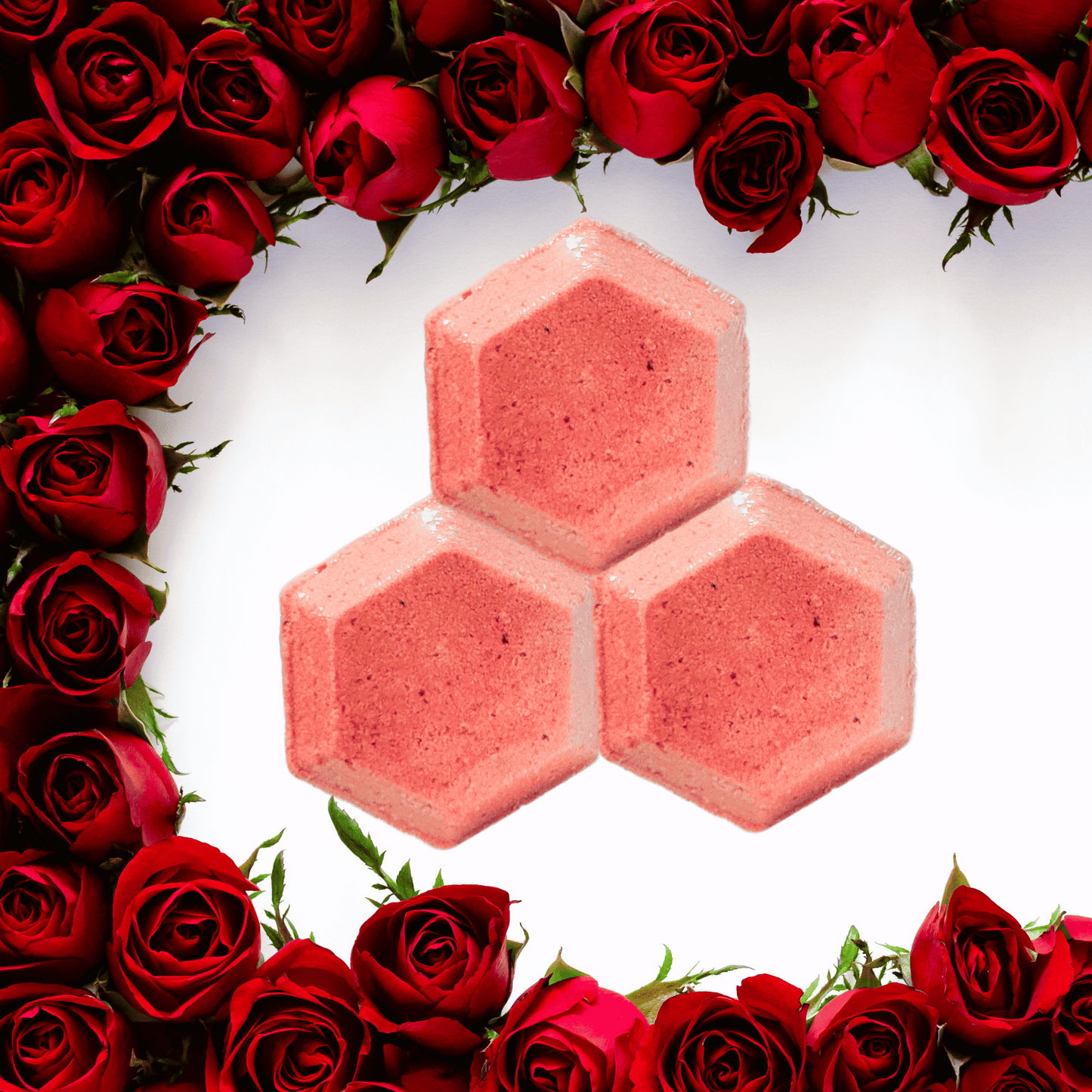 Hexagonal red shower steamers with red roses on a white background