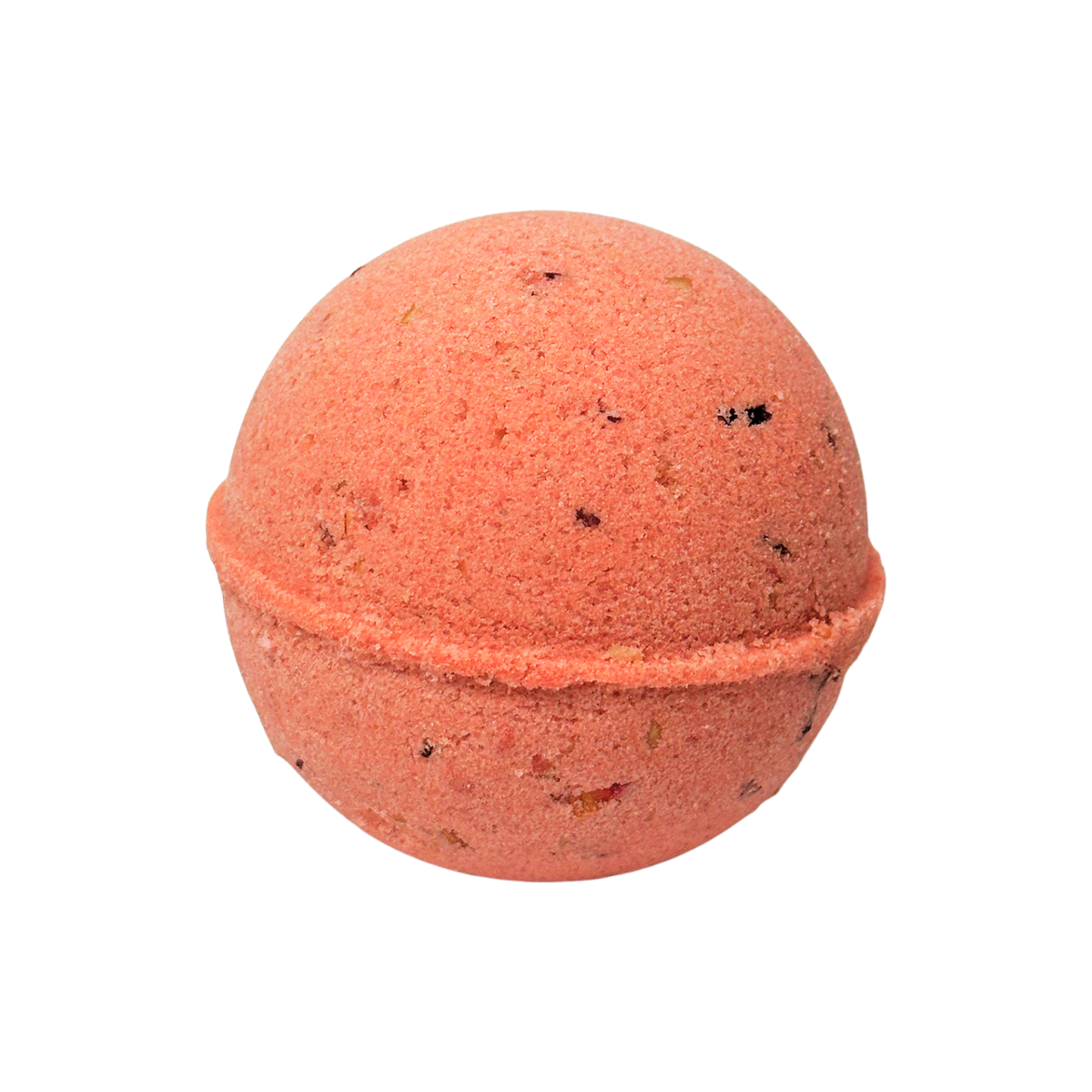 Red-colored bath bomb with specks on a white background