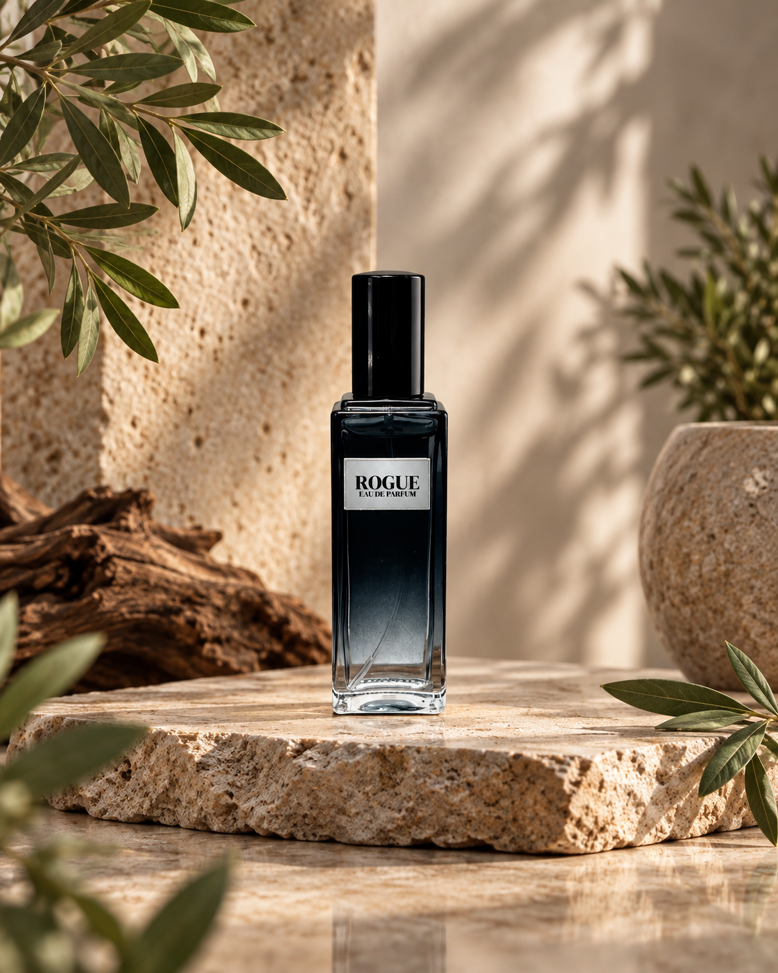 Rogue men’s Eau de Parfum bottle styled in a refined Phat Bath & Body brand setting.