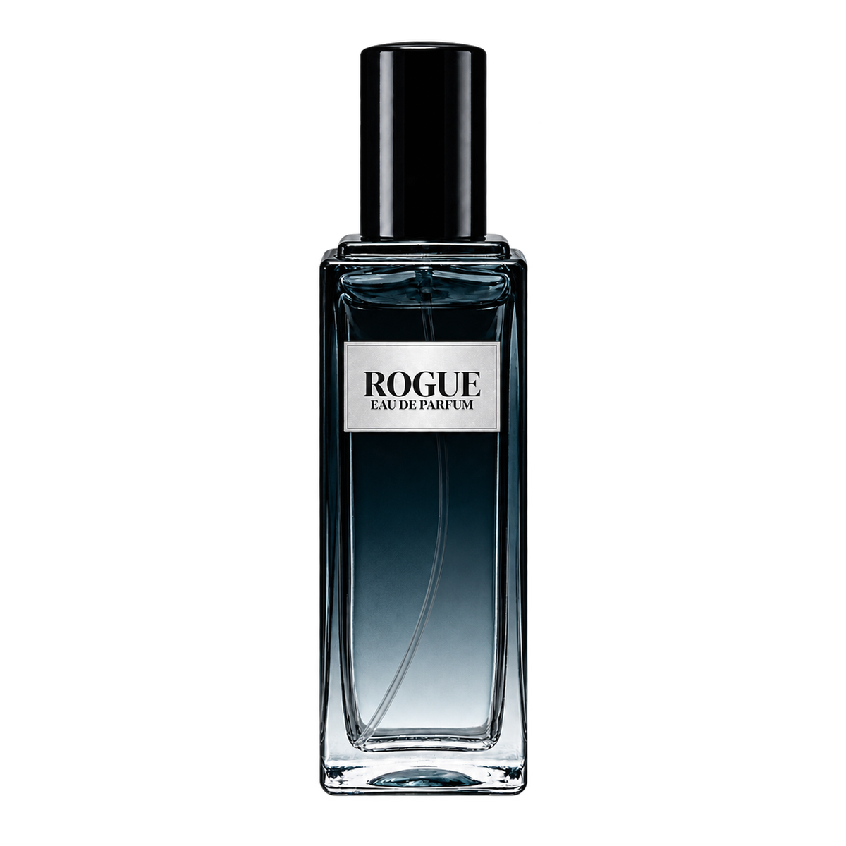 Phat Bath & Body Rogue Men’s Eau de Parfum in a tall clear glass perfume bottle with black cap, warm tan label, and deep blue-gray fragrance, shown as the main product image.