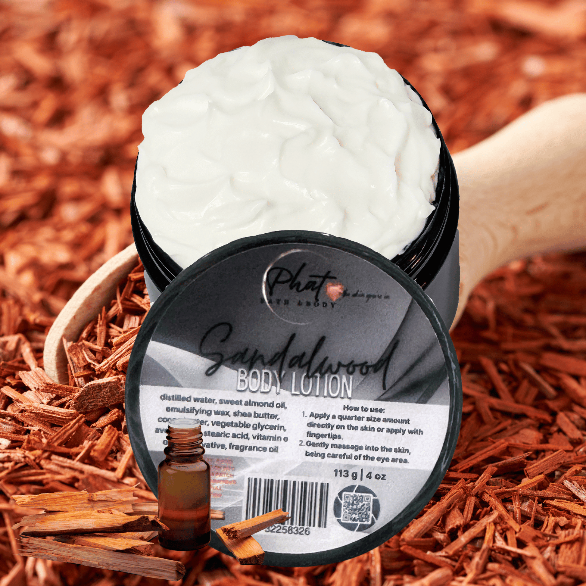 Body lotion with sandalwood scent on a wooden background