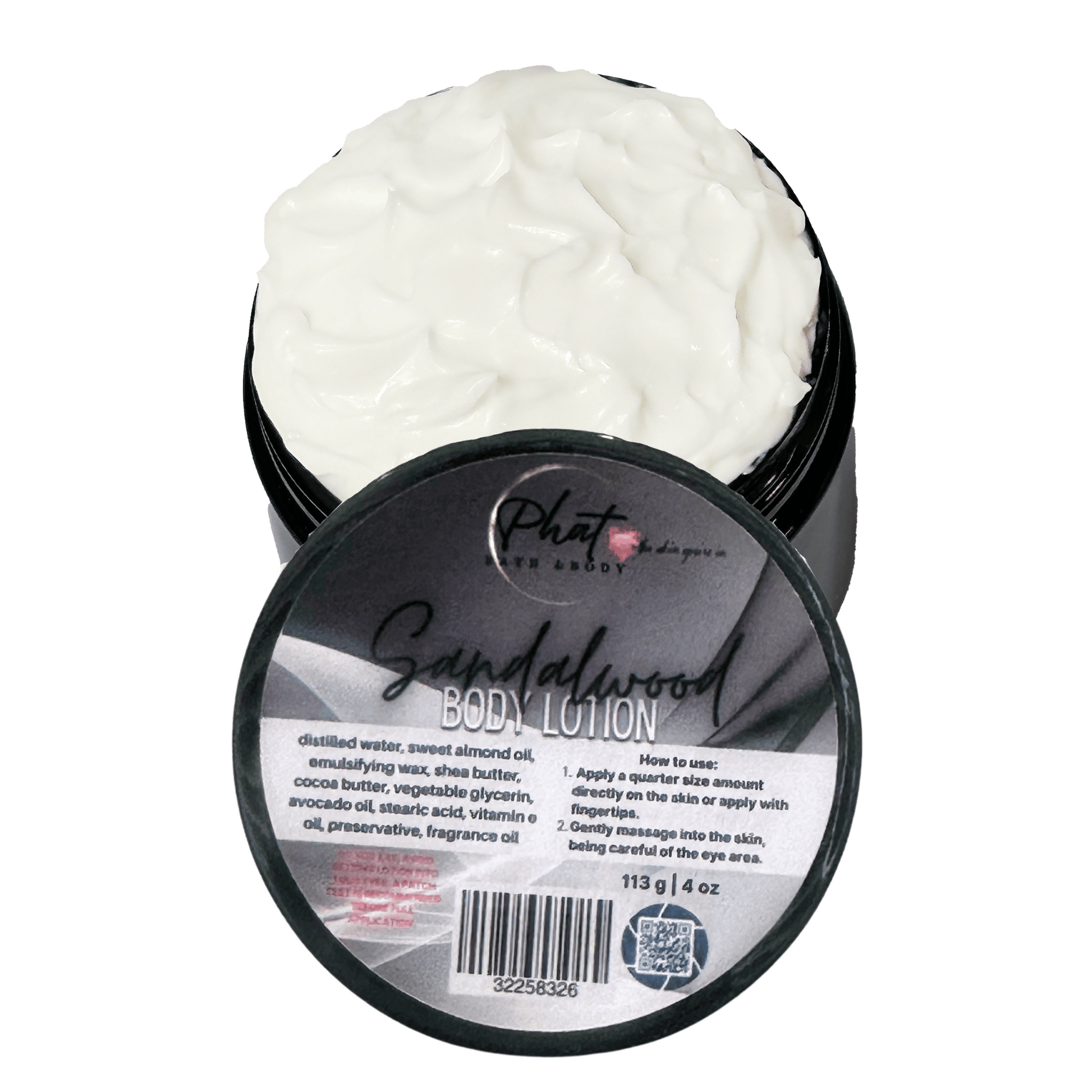 Body lotion container with sandalwood scent on a white background