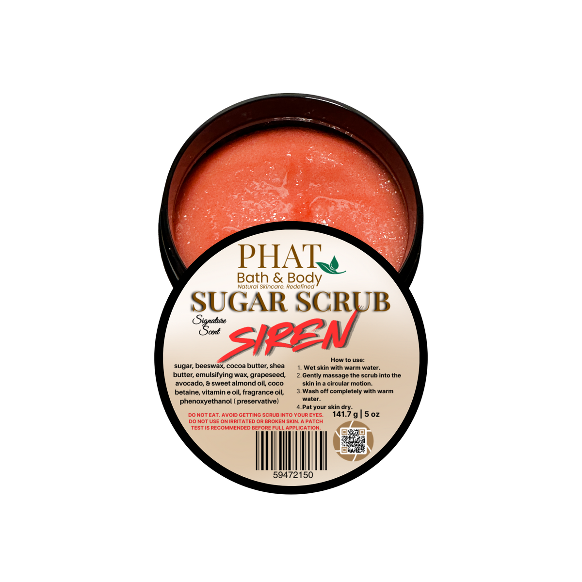 Phat Bath & Body sugar scrub container with red scrub visible on a white background