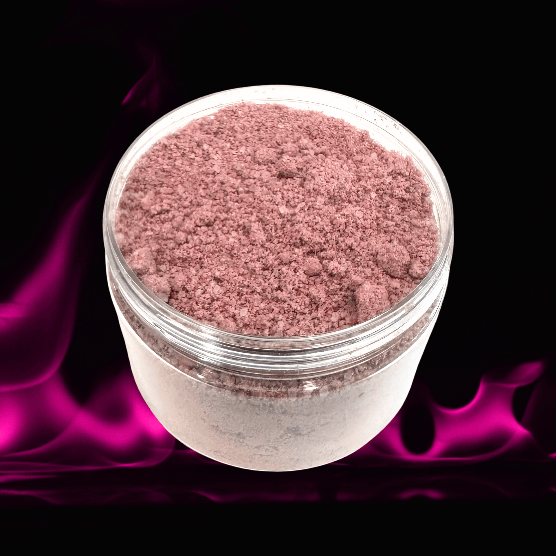 Jar of pink powder with a dark background and pink flames.