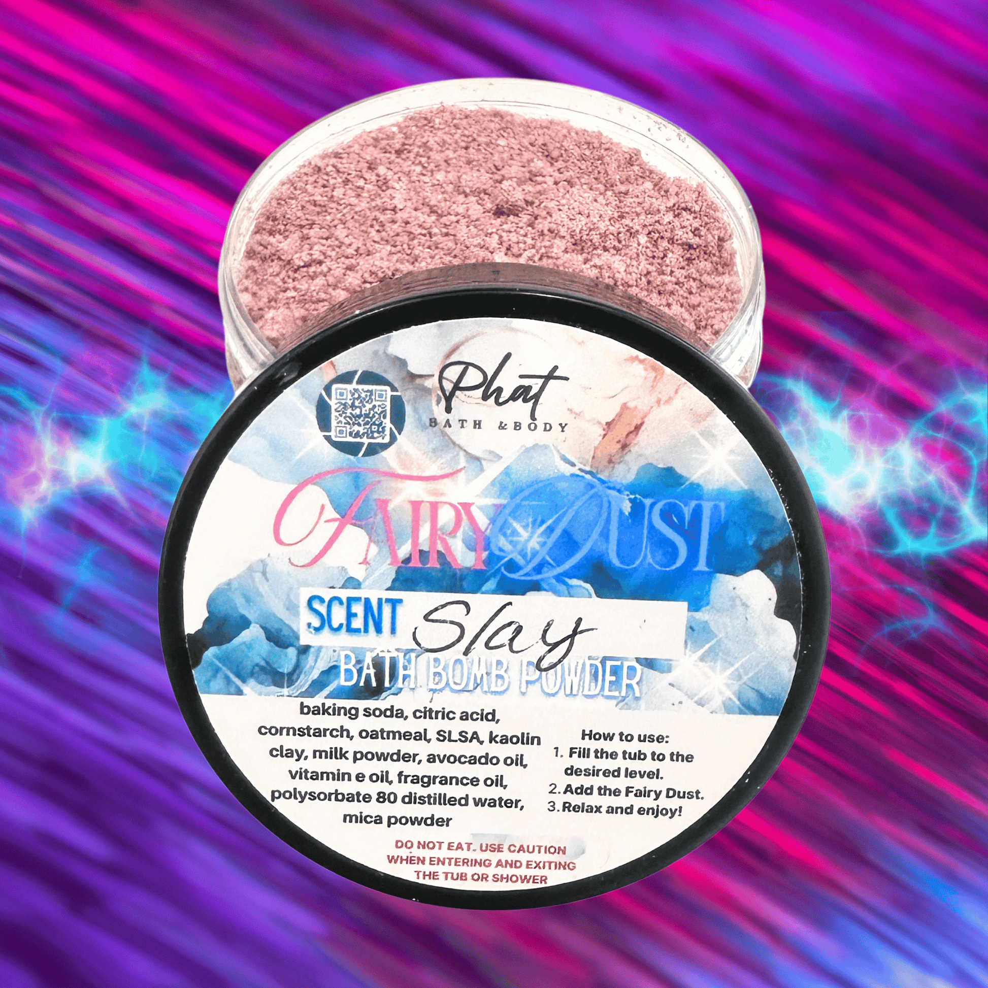 Bath bomb powder container with 'Fairy Dust Scent Slay' label on a colorful background