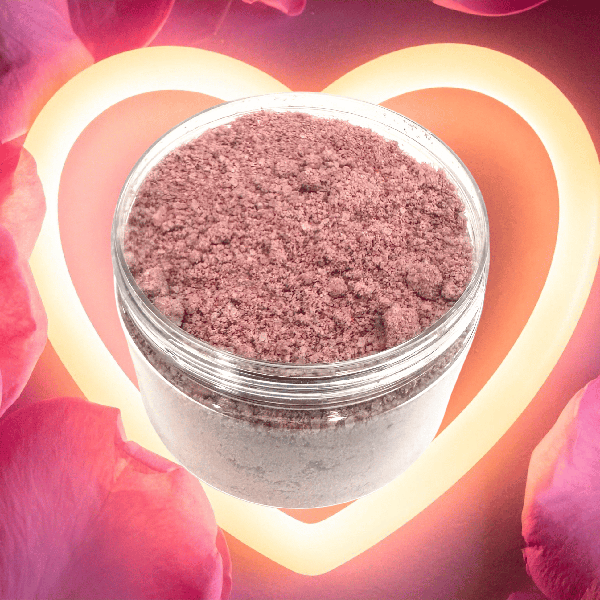 Jar of pink powder with neon heart lights in the background