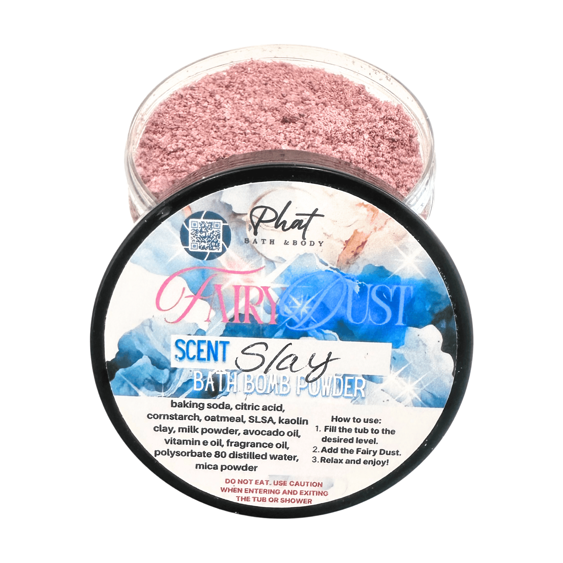 Bath bomb powder container with pink powder and branding on a white background