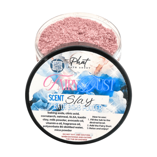 Bath bomb powder container with pink powder and branding on a white background