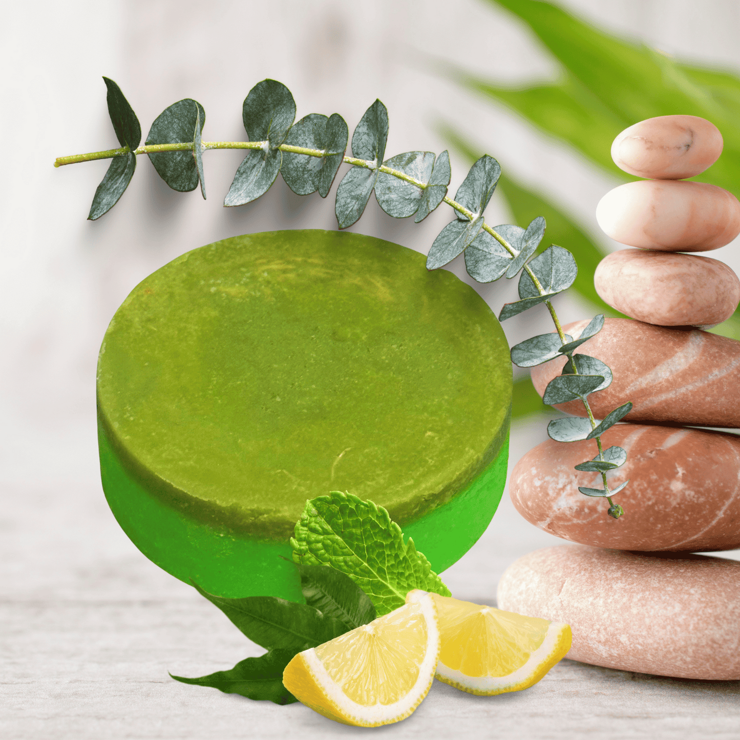 Green soap bar with eucalyptus leaves and lemon slices on a light background