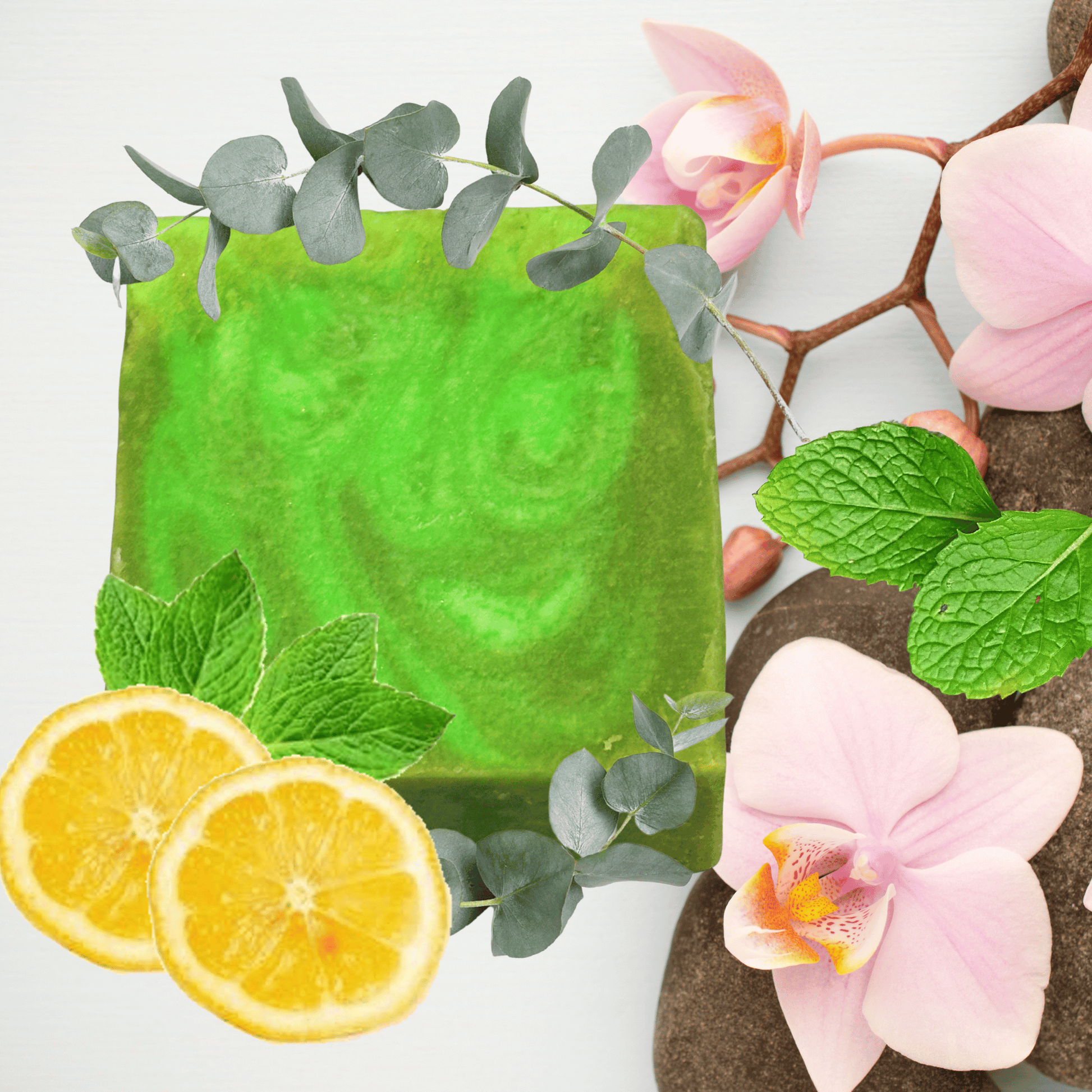 Green soap bar with lemon slices and flowers on a white background