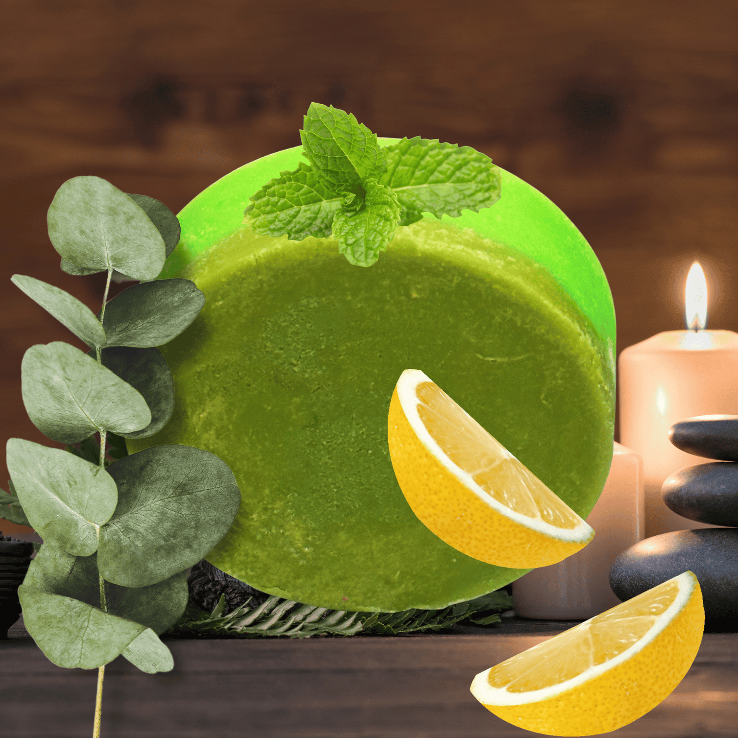 Green soap with lemon slices and eucalyptus leaves on a wooden background